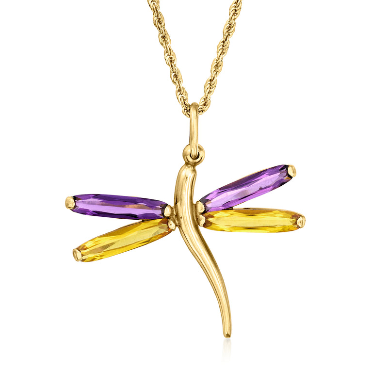 Gold dragonfly pendant necklace with purple amethyst and yellow citrine stones