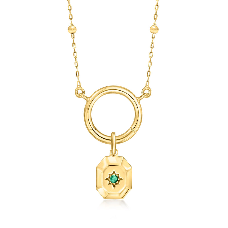 Front view of 14kt yellow gold circle link necklace with emerald North Star charm