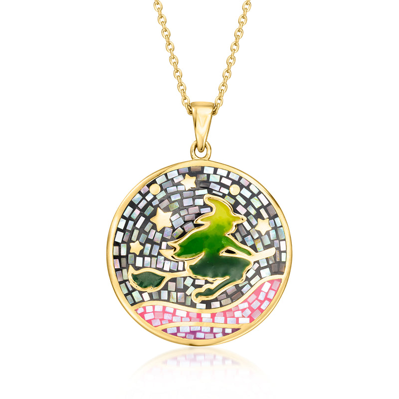 Round enamel mosaic witch pendant necklace, gold-tone bezel with multicolor tiles and chain
