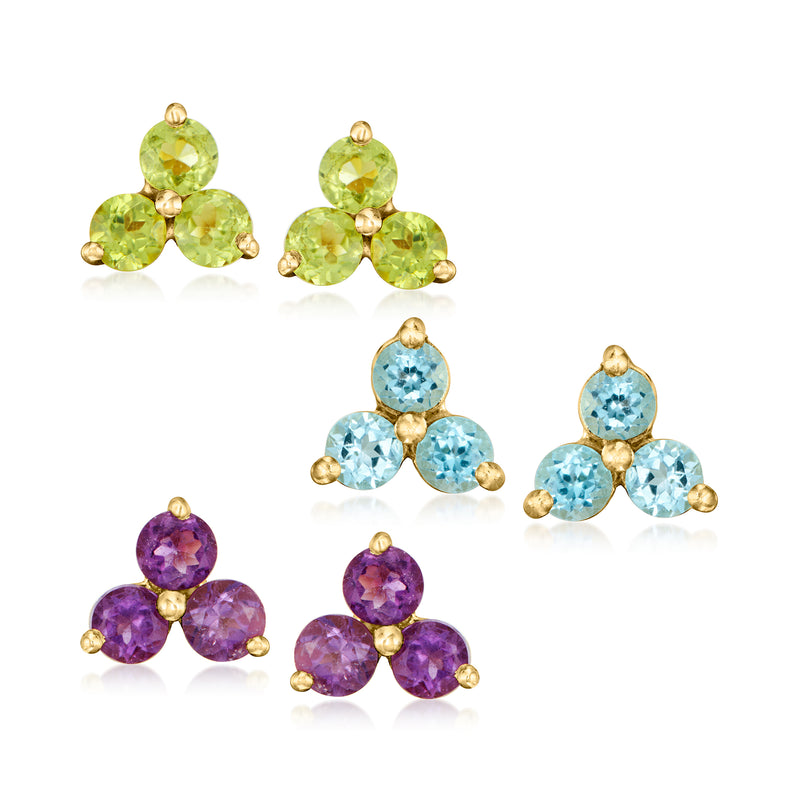Multi-gemstone stud earrings set with green, blue, and purple round stones