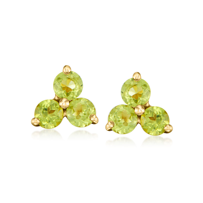 Green gemstone stud earrings with three round stones on gold-tone posts