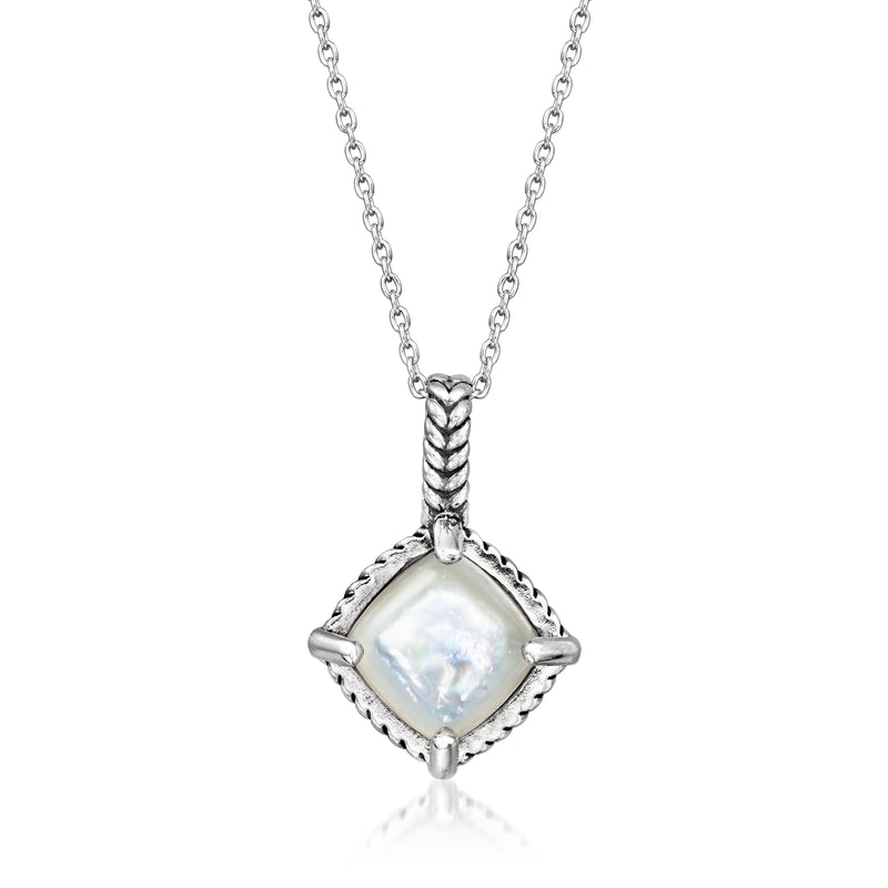 Sterling silver pendant necklace with iridescent mother-of-pearl square charm