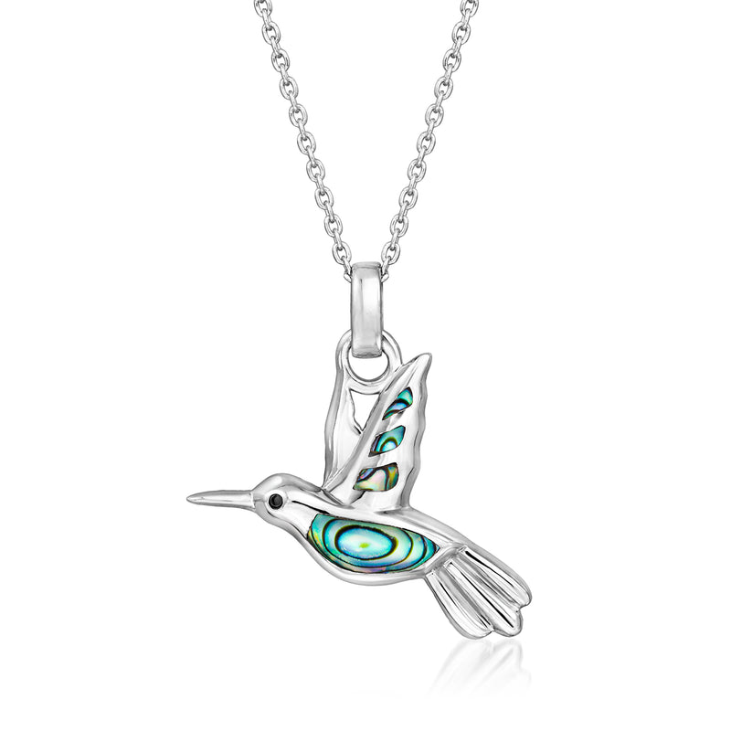 Sterling silver hummingbird pendant necklace with iridescent shell inlay on wings