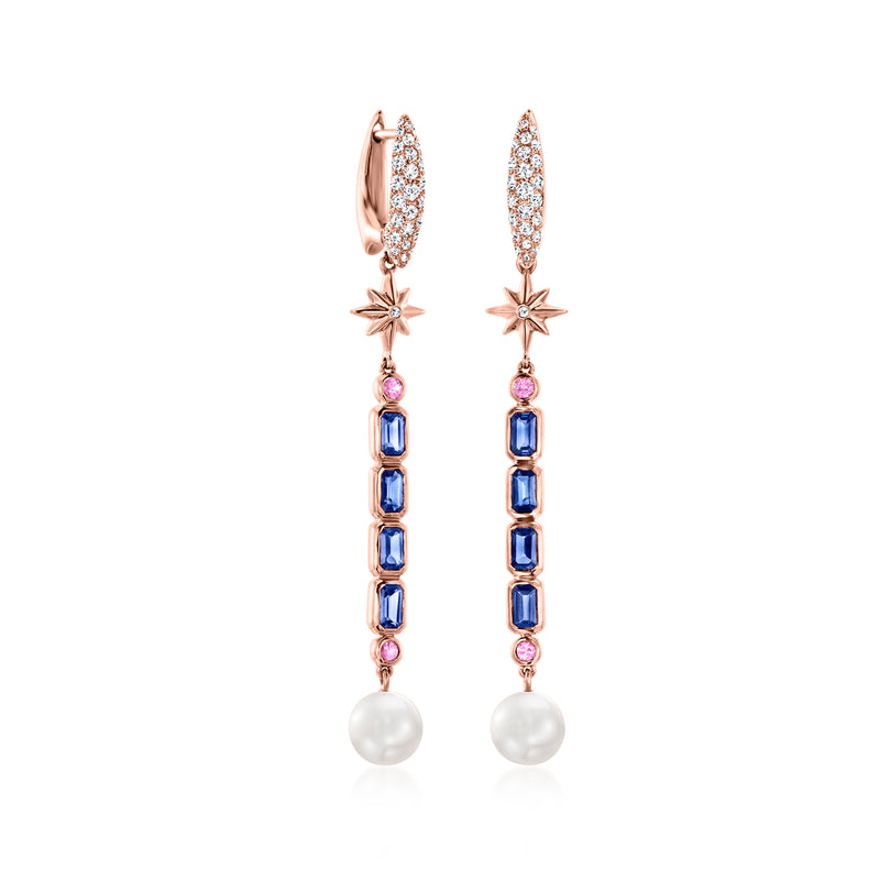 Rose gold drop earrings with diamond halo, star charms, multicolor sapphires, and white pearl drops