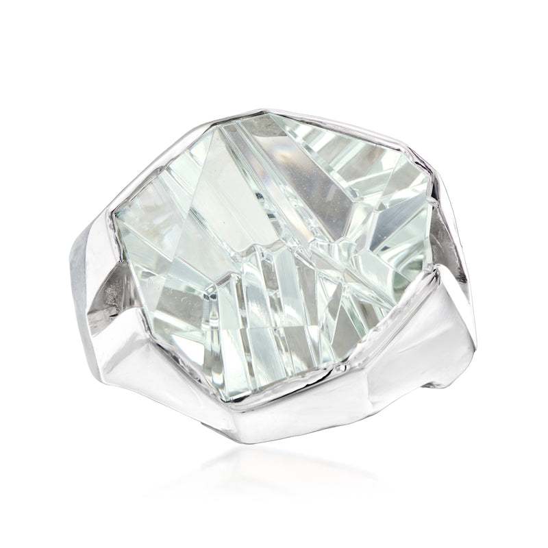 Vintage aquamarine ring, emerald-cut pale blue stone in 14kt white gold bezel
