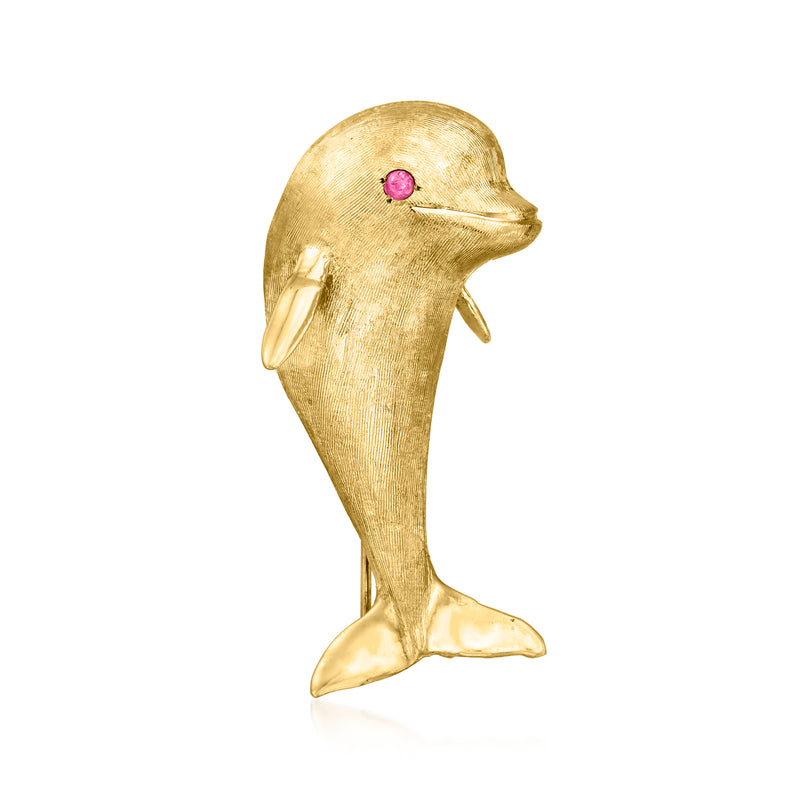 14kt yellow gold dolphin pin with single round ruby accent