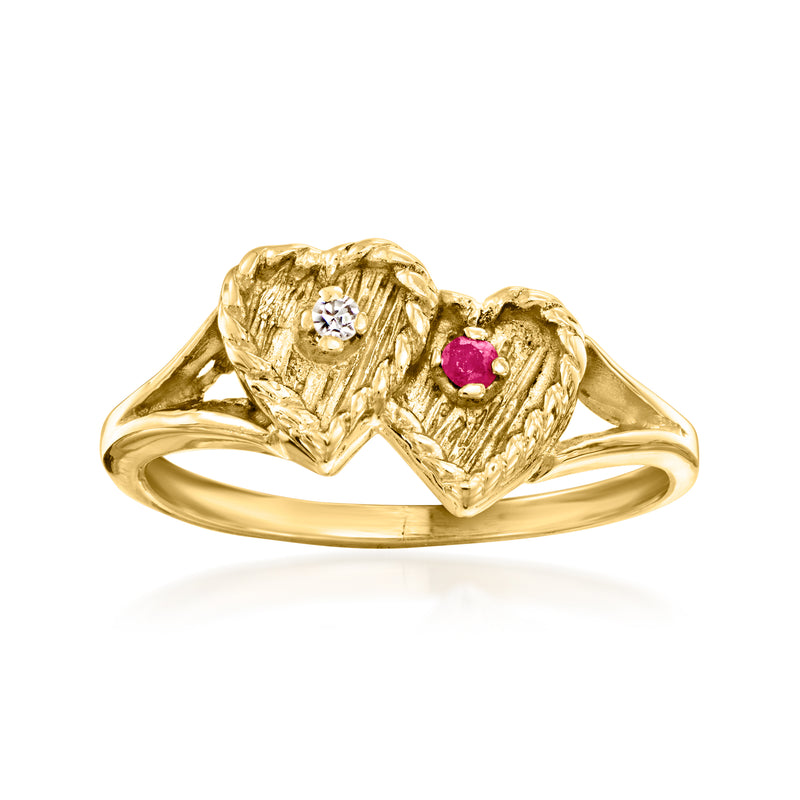 14kt yellow gold vintage heart ring with diamond center and ruby red stone