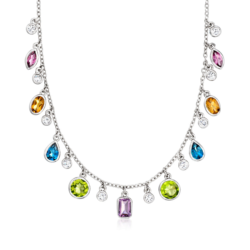 Sterling silver station necklace with blue, green, yellow, pink and purple gemstone drops