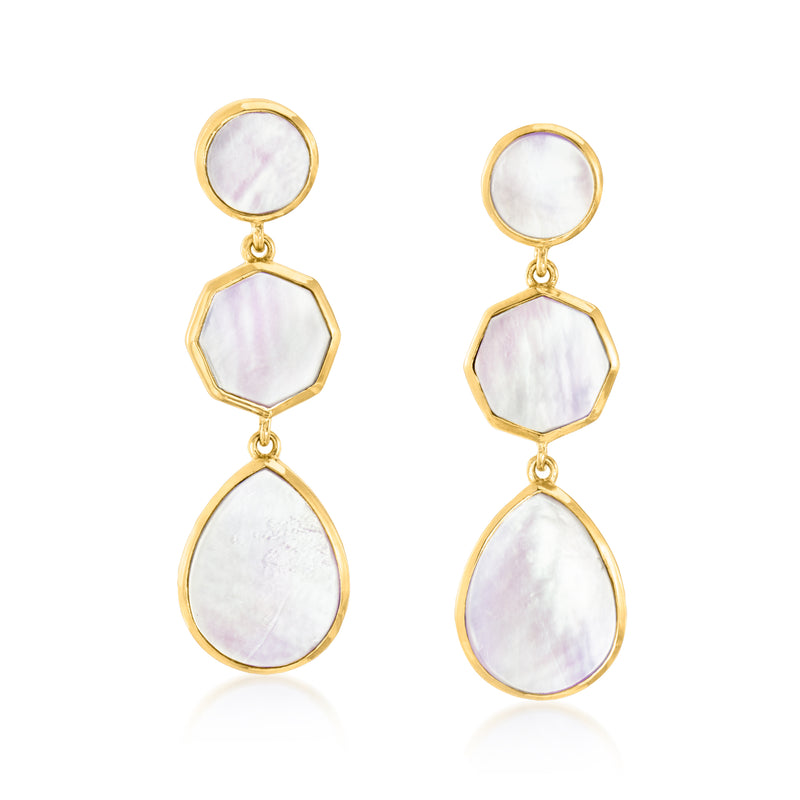 Geometric drop earrings with gold-tone frames and iridescent mother-of-pearl hexagon and teardrop