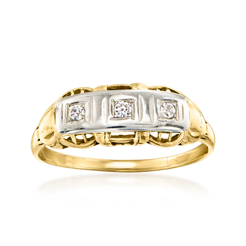 Two-tone 14kt gold vintage three-stone diamond ring with three square-set diamonds