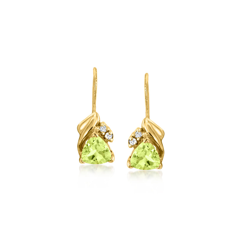 14kt yellow gold leverback drop earrings with teardrop peridot and small diamond accents
