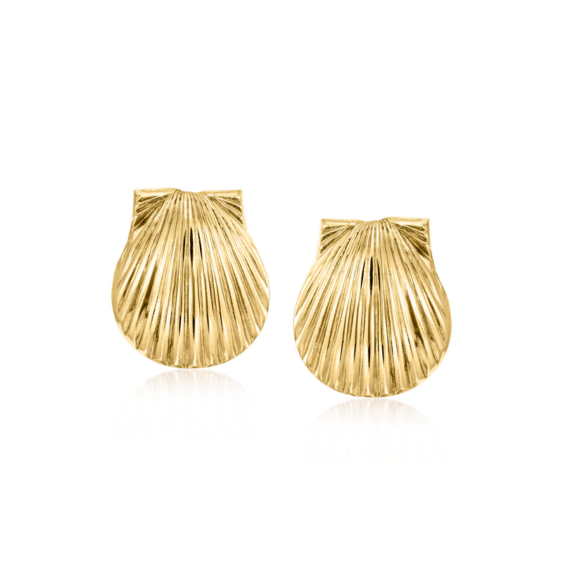 Vintage 14kt yellow gold seashell post earrings, ribbed scallop design