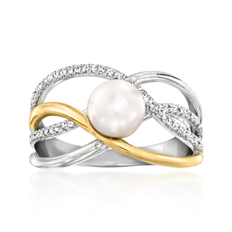 Two-tone sterling silver and gold ring with large white cultured pearl and diamond accents
