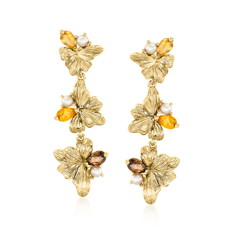 Gold floral drop earrings with small cultured pearls and orange and smoky gemstone accents