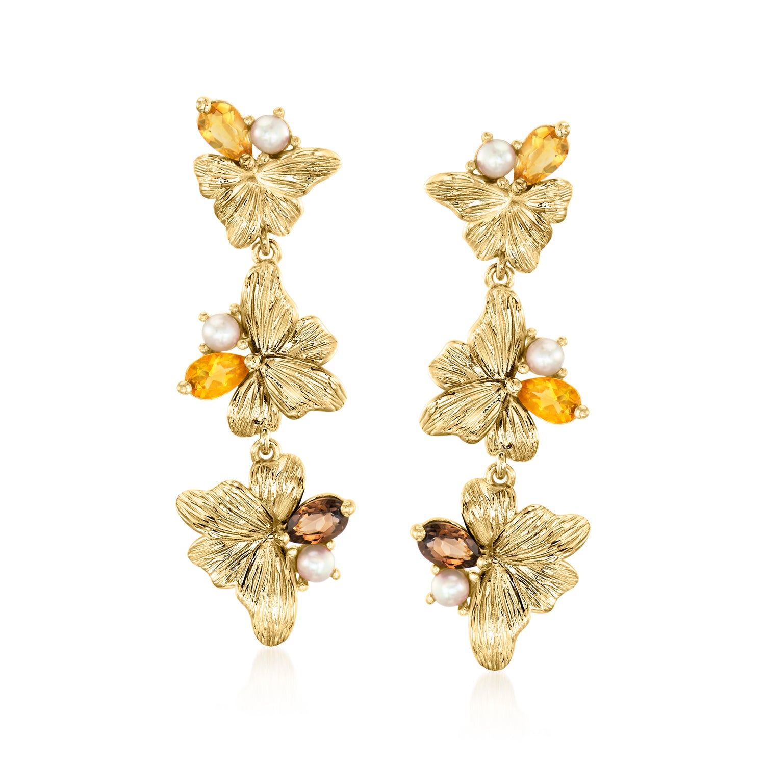 .60 ct. t.w. Citrine and .20 ct. t.w. Smoky Quartz Floral Drop Earrings with 2.5-3mm Cultured Pearls in 18kt Gold Over Sterling