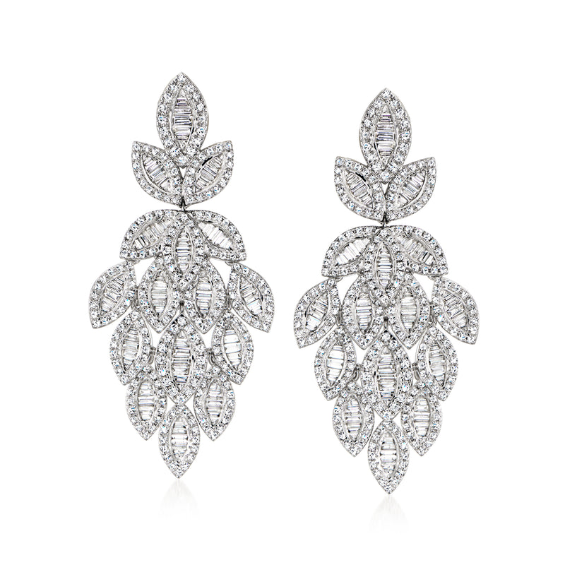 Pair of diamond leaf drop earrings in 14kt white gold