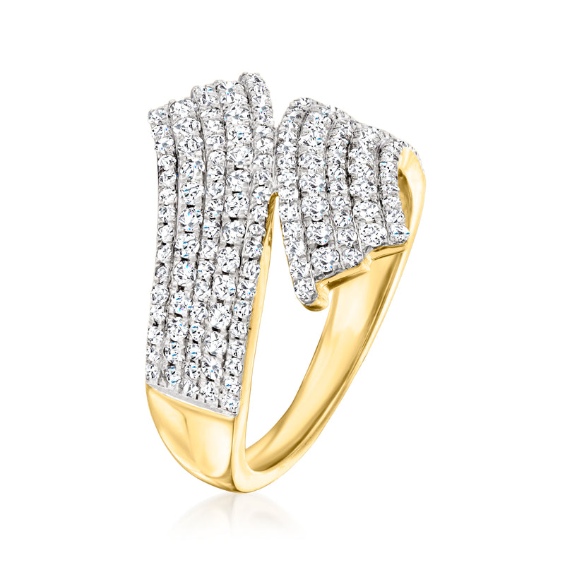 Diamond bypass ring in 14kt yellow gold with layered pavé-set bands