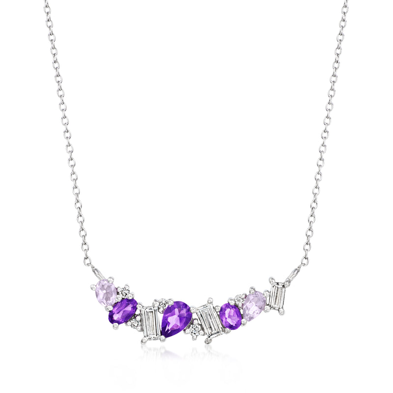 Sterling silver necklace with purple amethyst and diamond accents, oval cluster