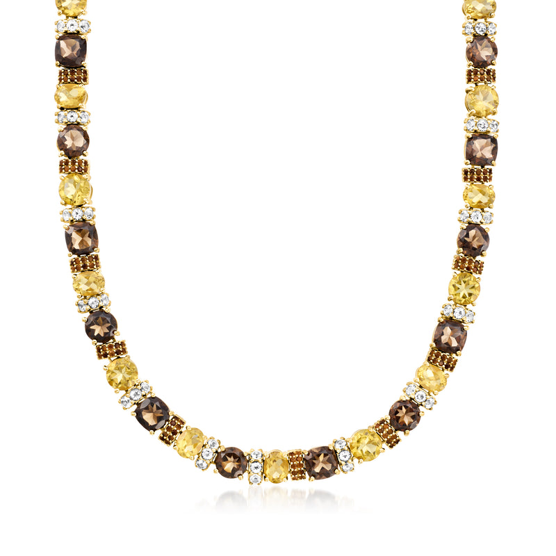 Multicolored gemstone bead necklace with gold-tone links and white crystal accents