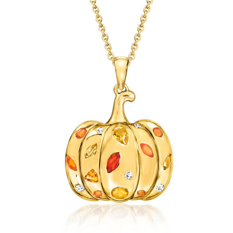 Gold over sterling pumpkin pendant necklace with multicolor gemstone inlays