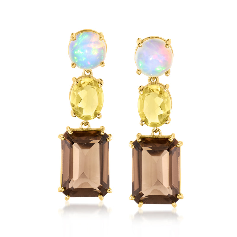 18kt gold drop earrings with opal, yellow lemon quartz, and smoky quartz stones