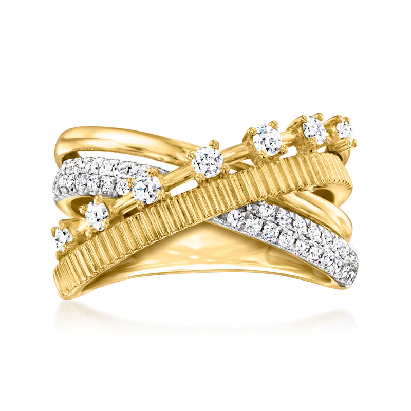 Gold crisscross diamond ring with round stones and ridged center bar