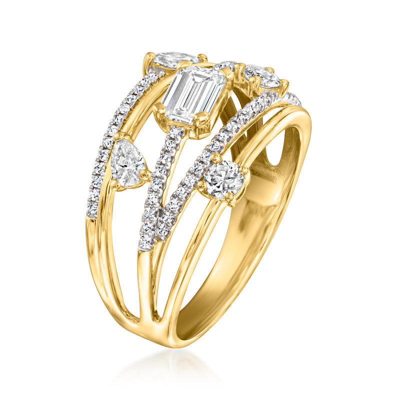 Gold diamond ring angle view with central baguette stone and surrounding round stones