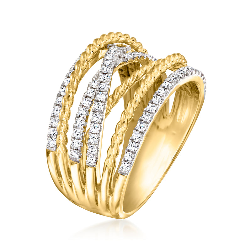 Gold braid diamond highway ring, side view with sparkling channel-set lab-grown stones