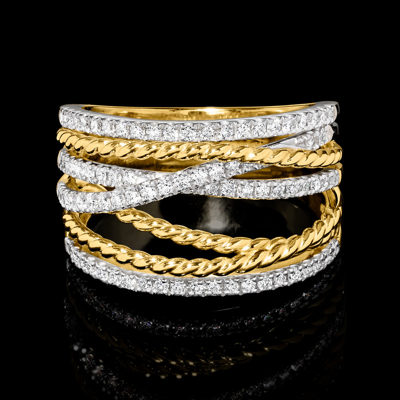 Stacked view of gold braid diamond highway ring with channel-set lab-grown stones