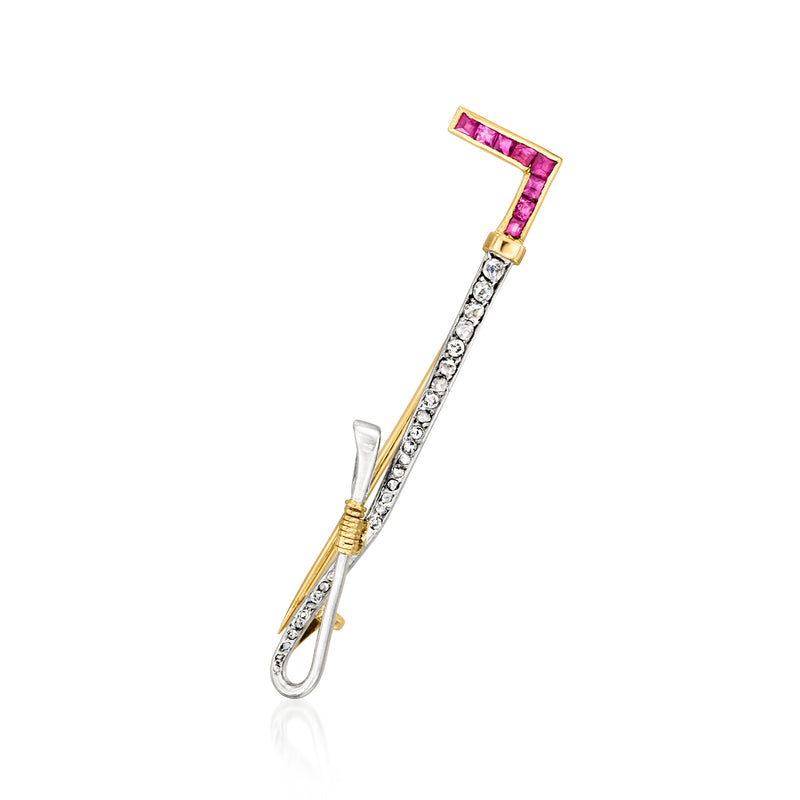 Vintage riding crop brooch pin with red ruby and clear diamond accents, yellow gold