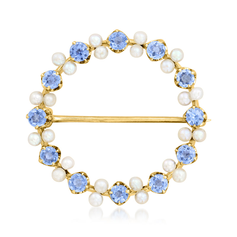 Vintage pearl and sapphire circle pin, 14kt yellow gold, blue stones and white pearls