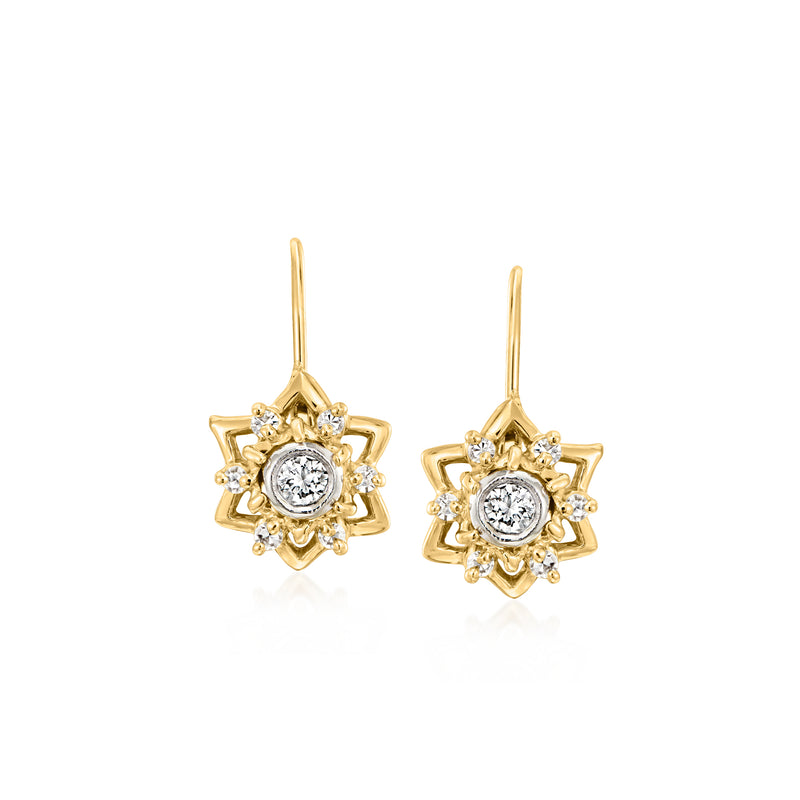 Two-tone gold diamond flower drop leverback earrings with round center stone