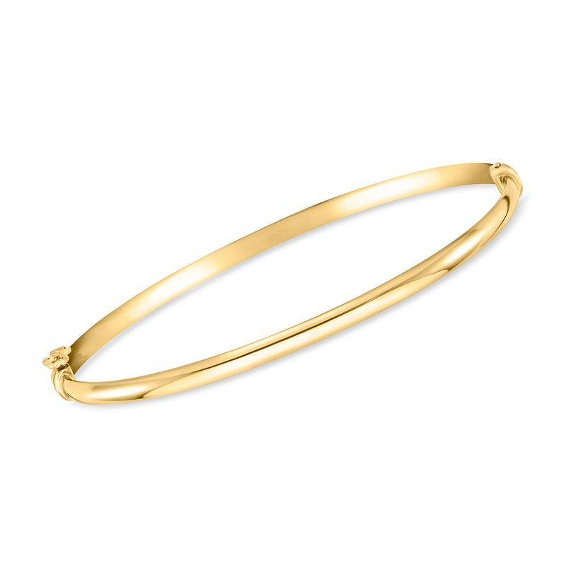 Polished yellow gold 14kt bangle bracelet with smooth oval hoop and end detail