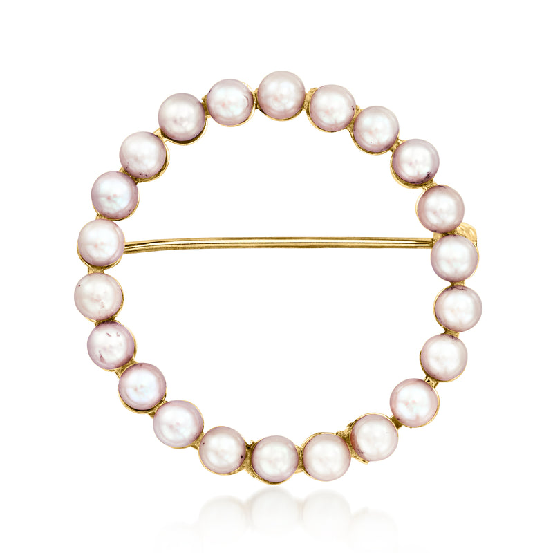 Vintage cultured pearl circle pin with 14kt yellow gold bar clasp