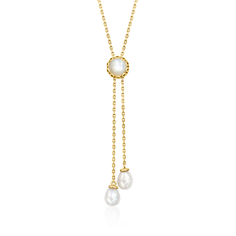 Gold lariat necklace with round mother-of-pearl connector and two cultured pearl drops