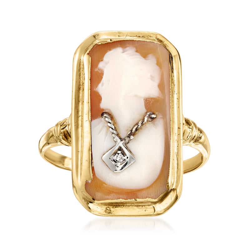 Vintage yellow gold cameo ring with brown shell oval and single diamond centerpiece