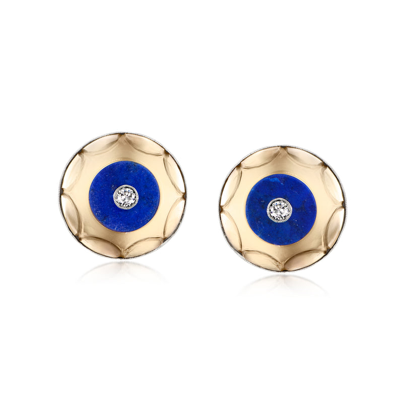 Gold-toned round clip earrings with blue lapis center and small clear diamond