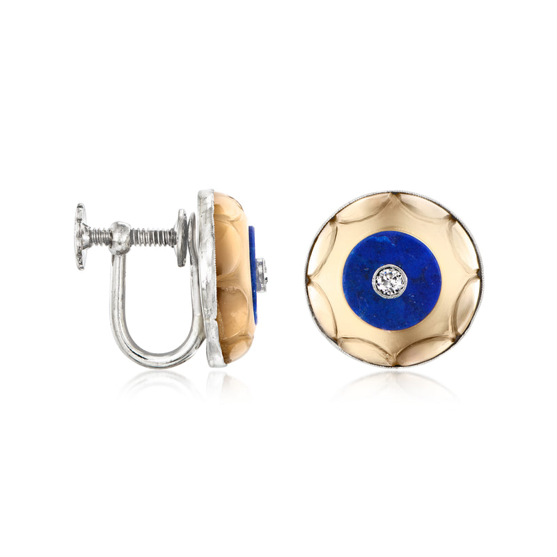 Lapis and diamond round clip earring with scalloped gold-toned bezel, side view