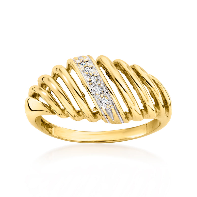 10kt yellow gold vintage shrimp ring with diamond center bar and ribbed band