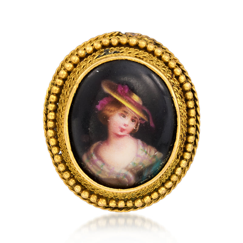 Vintage oval portrait pin, 18kt yellow gold frame with ceramic enamel artwork