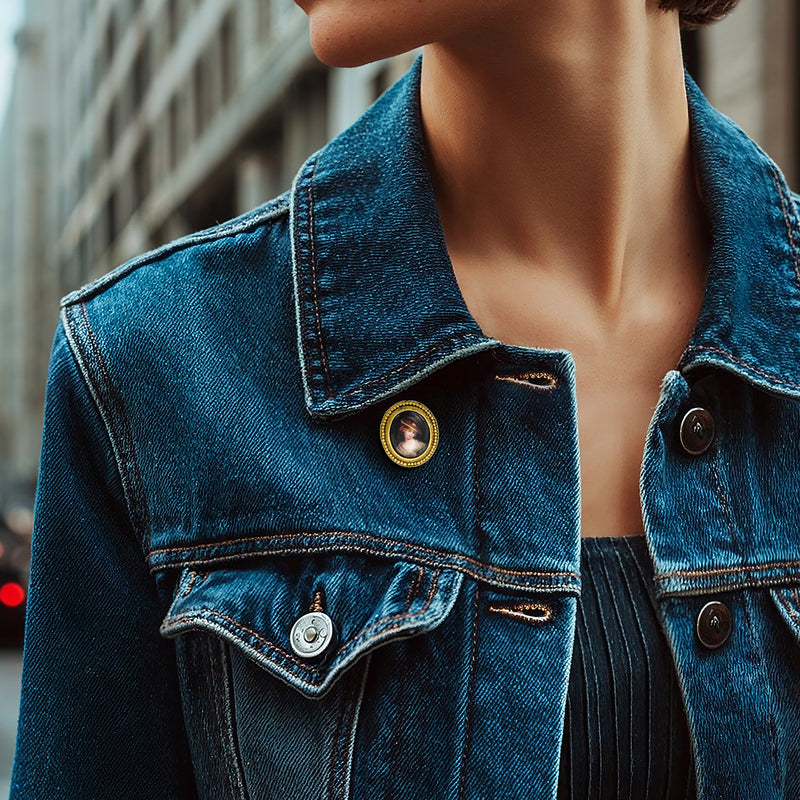 Vintage portrait pin in 18kt yellow gold on blue denim jacket, oval ceramic enamel