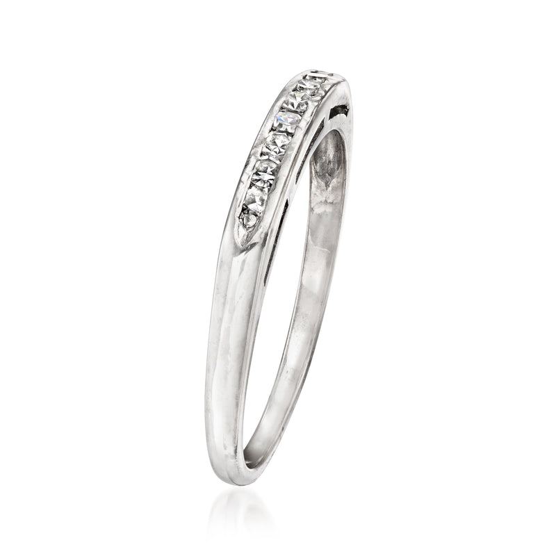 Vintage platinum diamond ring, side view of prong-set diamond band