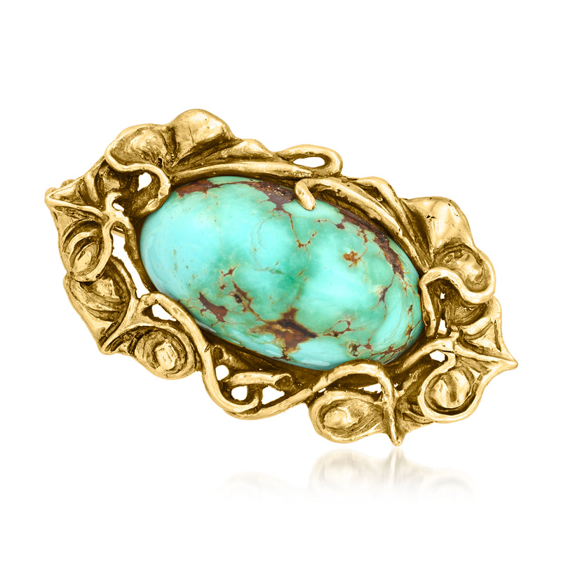 Vintage oval turquoise cabochon pin in 14kt yellow gold filigree setting
