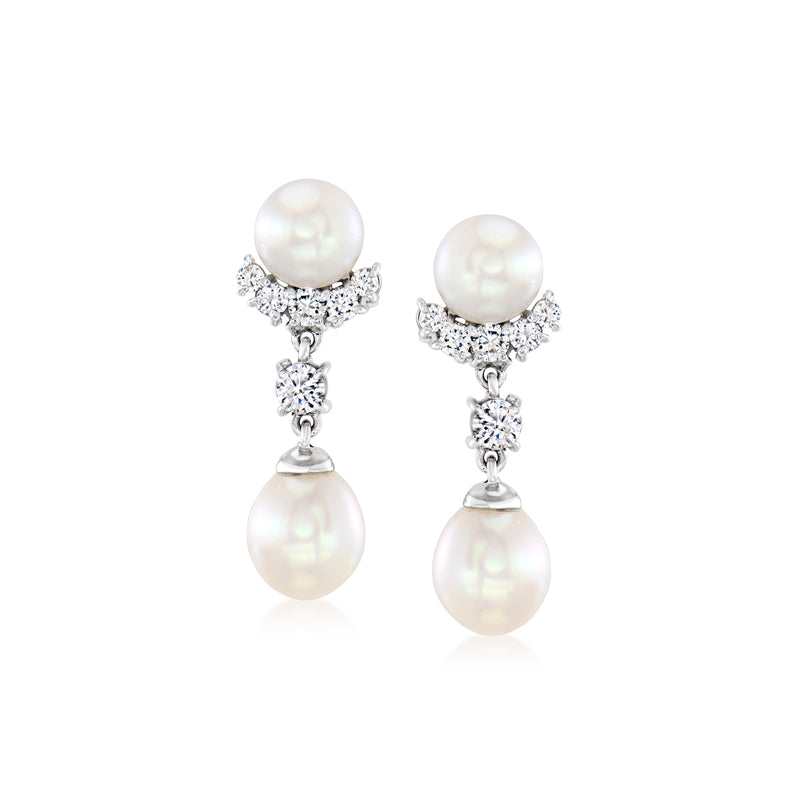 Cultured pearl and diamond drop clip earrings, silver-tone double-pearl with sparkle accents