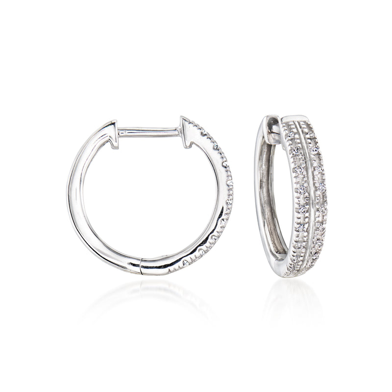 Vintage diamond hoop earrings in white gold, shown front and side