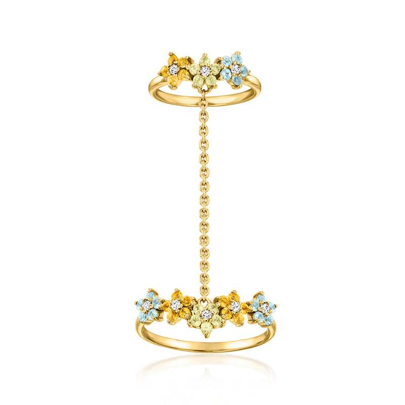 Gold-tone gemstone flower double ring with blue and yellow stones, connected drop chain