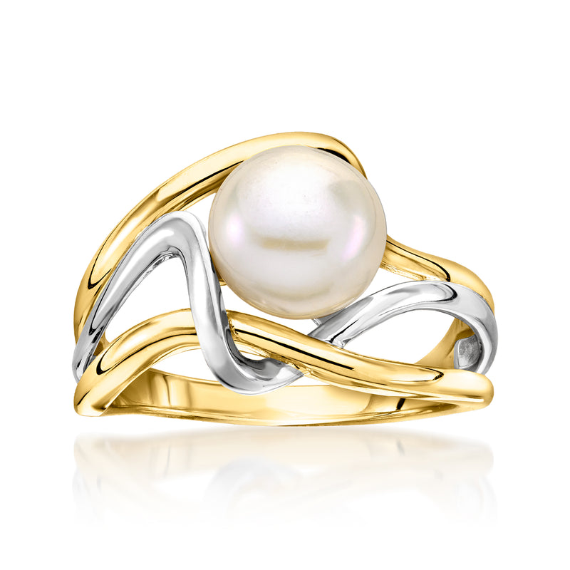 Wavy cultured pearl ring with gold and silver crossover bands, single white pearl