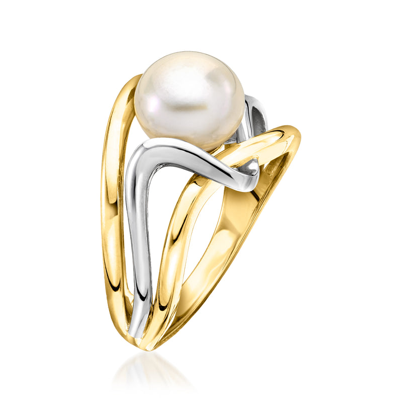 Cultured pearl ring with white pearl center and gold outer, silver inner wavy bands