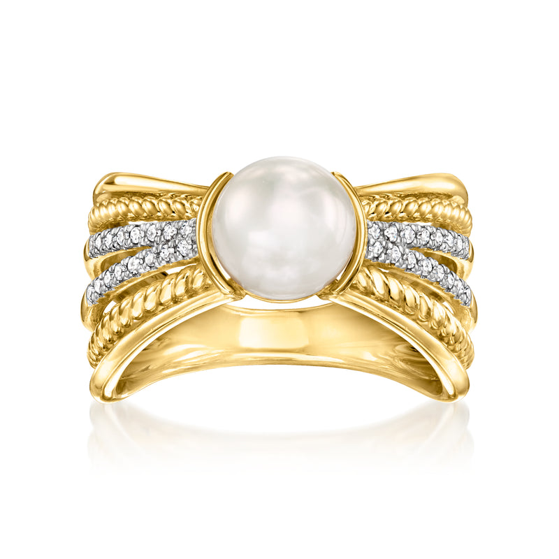 Cultured pearl multi-row ring in gold with diamond accents, centered white pearl.