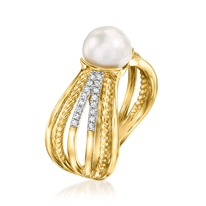 Cultured pearl multi-row ring in gold with diamond inlays, round white pearl center.